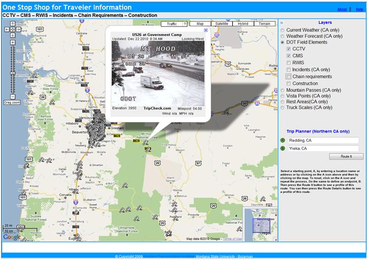 OSS screenshot (12/22/2010): Streamed data from CCTV's can give the user a better look at the road conditions, like this image from the camera on US26 at Government Camp.