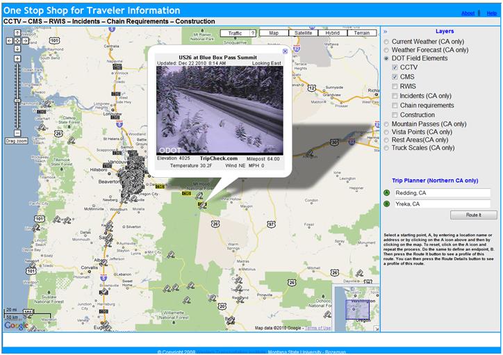 OSS screenshot (12/22/2010): CCTV's can be accessed across Oregon and California.  This camera image is from US26 at Blue Box Pass Summit.