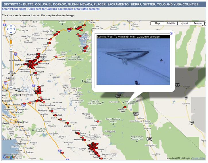 OSS screenshot (12/22/2010): Caltrans CCTV image from US 395 near Mammoth showing very heavy snow.