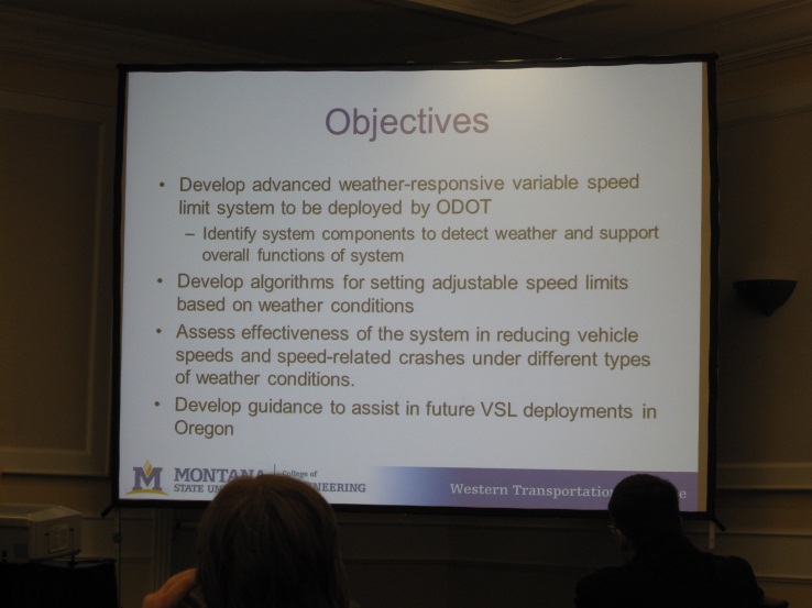 Screenshot from the NWTC presentation showing the objectives for the Weather Based Variable Speed Limits project.