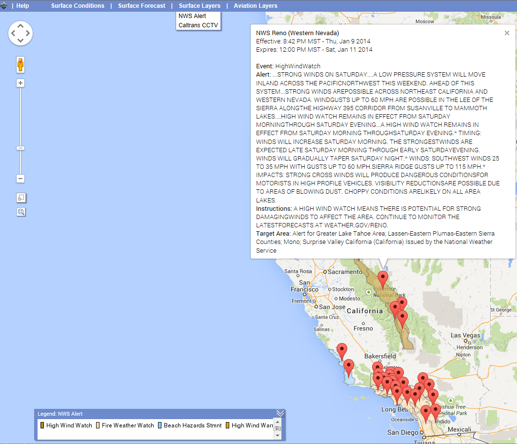 A NWS Alert for a High Wind Watch in Central California.