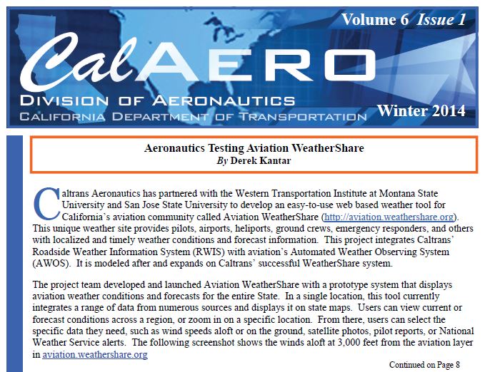 AWOS/RWIS Project Update, 2/4/2014: CalAERO Newsletter – Aeronautics Testing Aviation WeatherShare