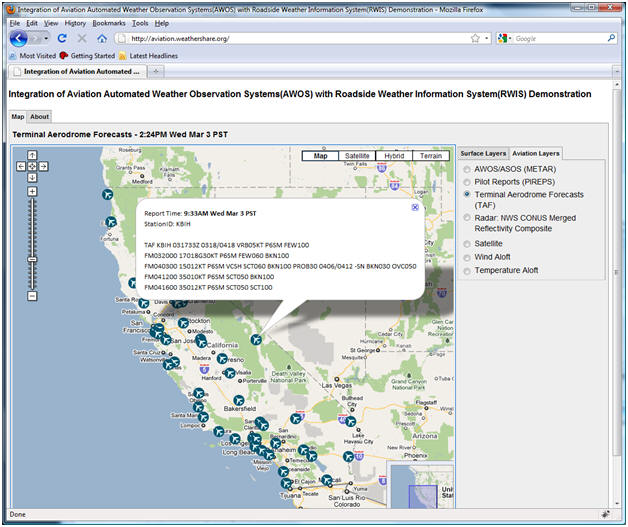 AWOS/RWIS screenshot: Terminal Aerodrome Forecasts (TAF) layer with observations in encoded form.