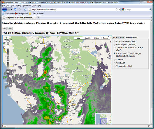 AWOS/RWIS screenshot (3/3/2010): Radar image zoomed in to see more detail in the Sacramento, CA area.