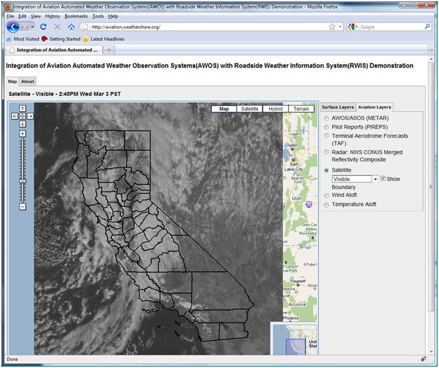 AWOS/RWIS screenshot: Satellite imagery layer with county outlines for CA.