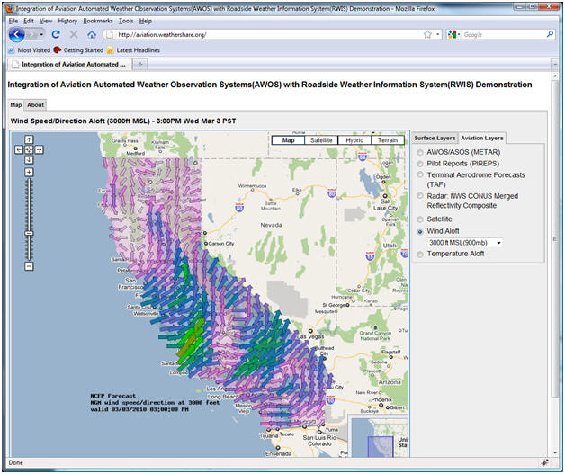 AWOS/RWIS screenshot: The Wind Aloft forecast layer displays wind velocities for different altitudes.  This display is for 3000ft MSL.