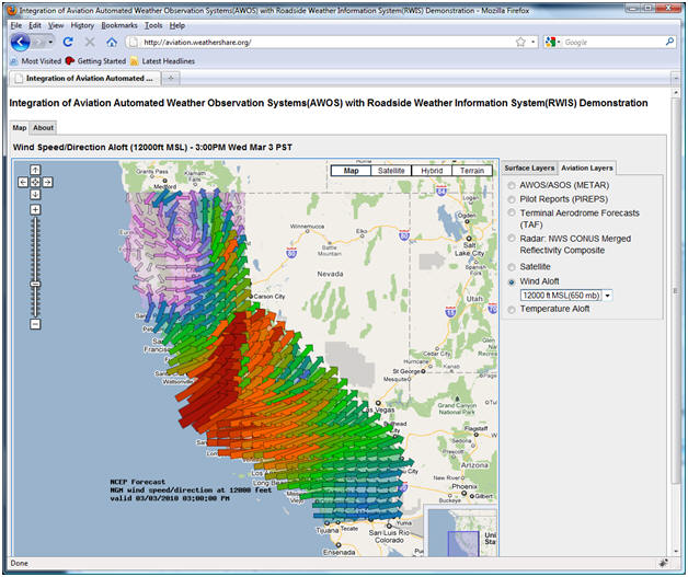 AWOS/RWIS screenshot: A Wind Aloft forecast display for 12,000ft MSL.