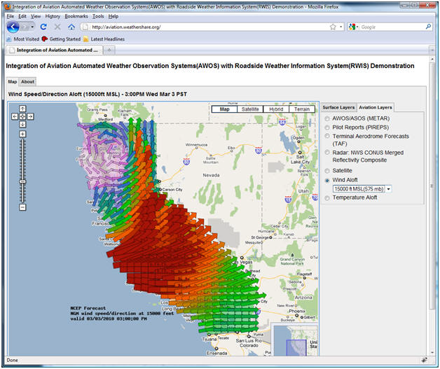 AWOS/RWIS screenshot: A Wind Aloft forecast display for 15,000ft MSL. At this altitude a low-pressure system is evident over the Redding area.