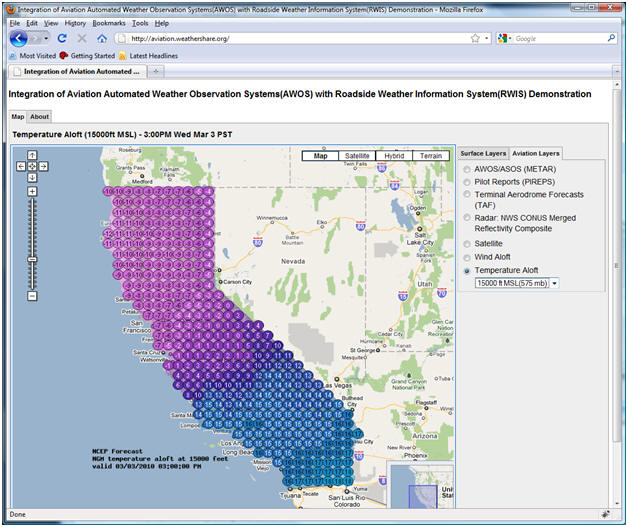 AWOS/RWIS screenshot: The Temperature Aloft forecast layer displays temperatures for various altitudes.  This one is for 15,000ft MSL.