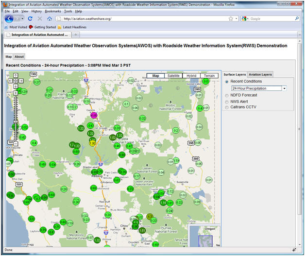 AWOS/RWIS screenshot: The user can also obtain 24 hour precipitation readings through the recent conditions display.