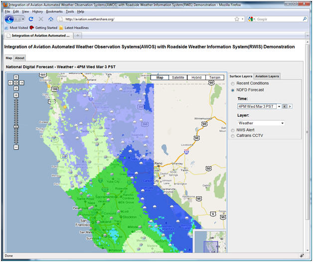 AWOS/RWIS screenshot: Forecasts from the National Weather Service's NDFD can be accessed through the Surface Layers tab.