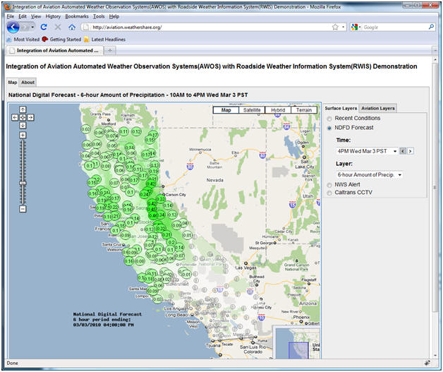 AWOS/RWIS screenshot: Precipitation maps from the NDFD over six hour periods are available in the same manner as snow forecasts.