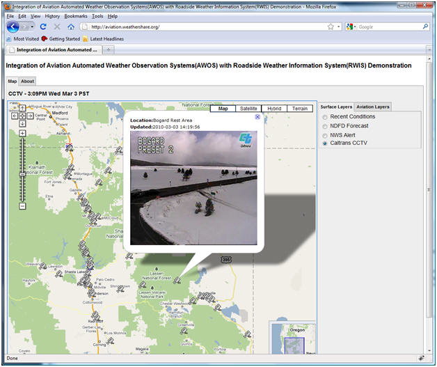 AWOS/RWIS screenshot: CCTV images can be accessed through the Surface Layers tab.