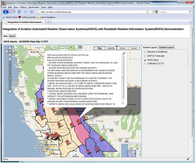 AWOS/RWIS screenshot (3/3/2010): National Weather Service forecast and alert information for a winter storm warning.
