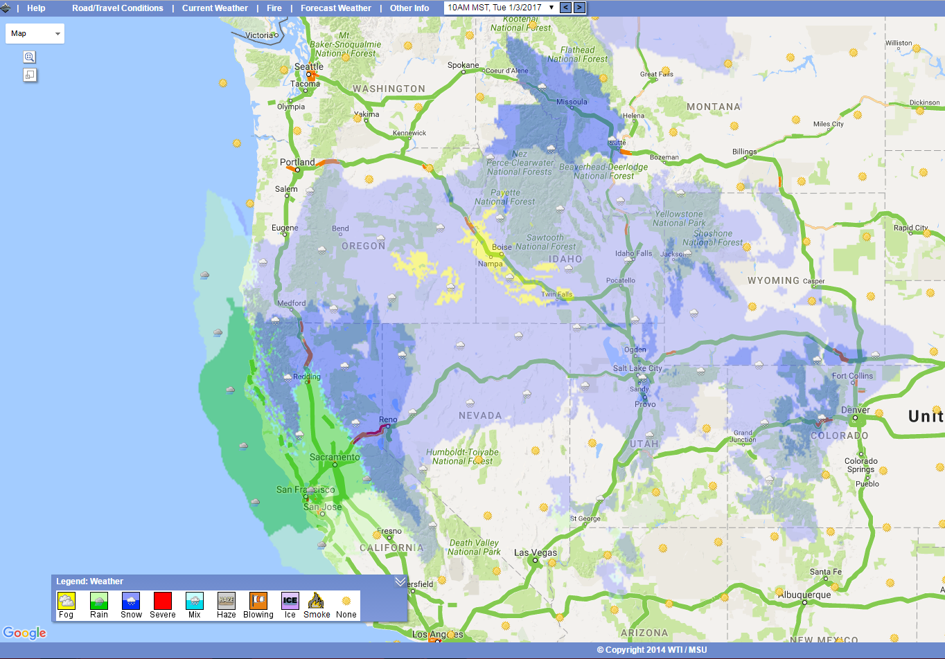 OSS screenshot, 1/3/2017: Winter conditions along major routes in western United States.