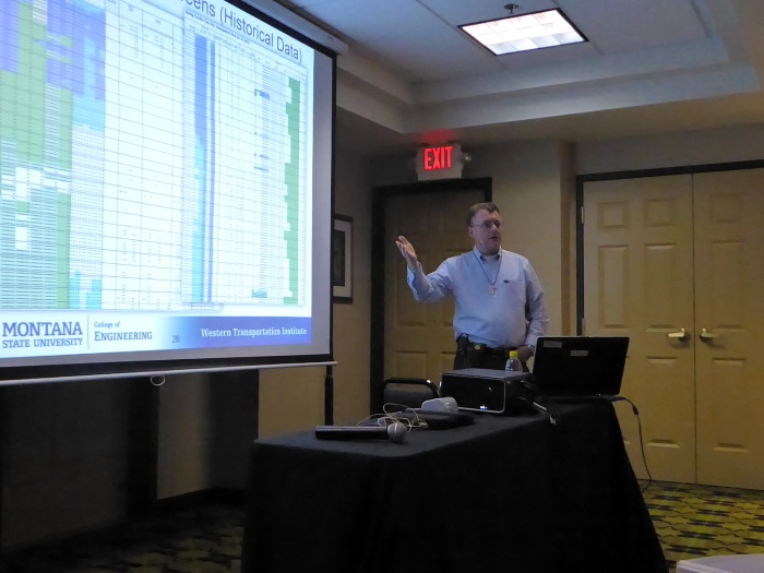 Doug Galarus, WTI, presents WeatherShare data during his 2017 Forum presentation.