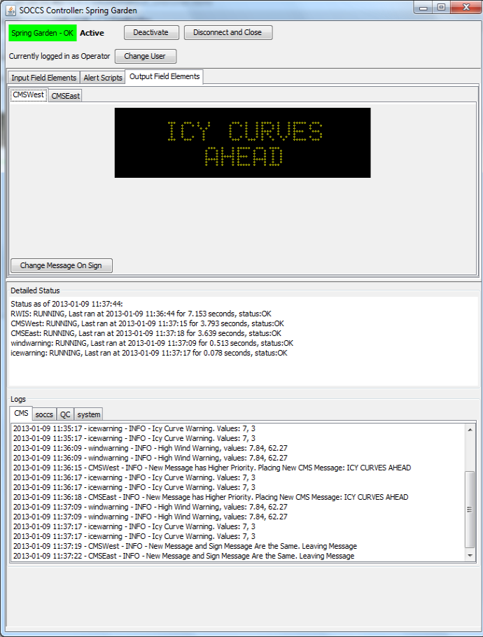 Screenshot of the admin screen showing that the CMSWest sign is displaying the message “Icy Curves Ahead.”  The button to allow the TMC operator to place a message on the sign is easily visible in the lower left corner of this section.