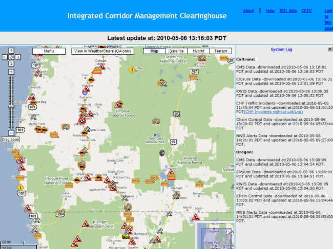 ICM Website Screenshot: The first screen you see when opening ICM shows icons along the roads on both sides of the border.