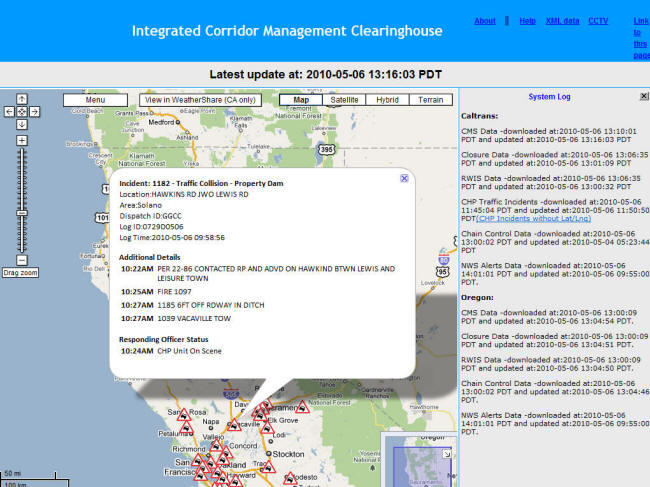 ICM Website Screenshot: Incident/accident data from CHP is available too. Here we see a number of incidents further south.