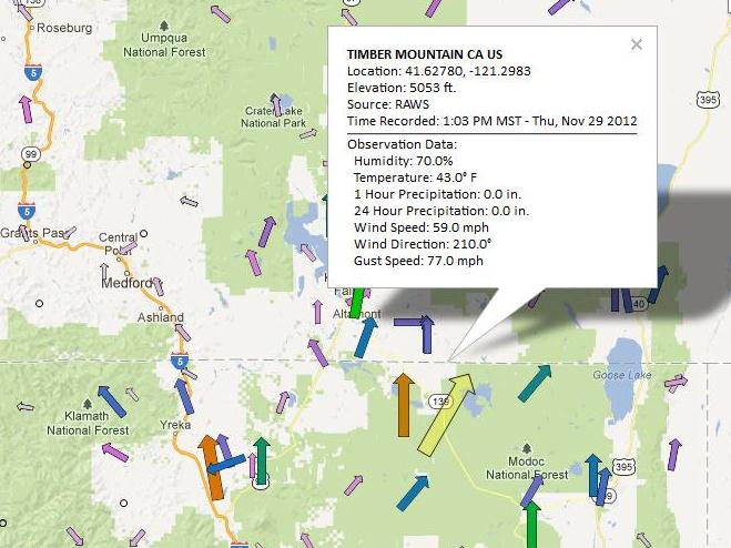 Winds in Northern California with speeds reaching up to 77.0 mph.
