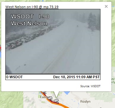 WSDOT CCTV Image in OSS showing a backup on I-90 East of Snoqualmie Pass on December 18, 2015.