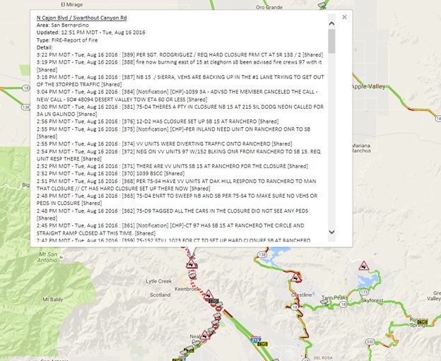 CHP incident documenting the fire north of San Bernardino.