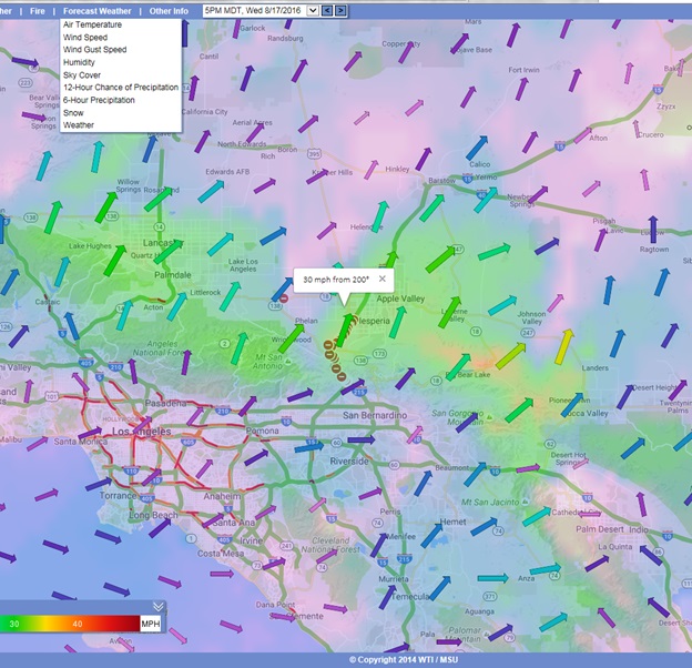 Wind Gust Forecast layer in the San Bernardino area on August 17th, 2016.