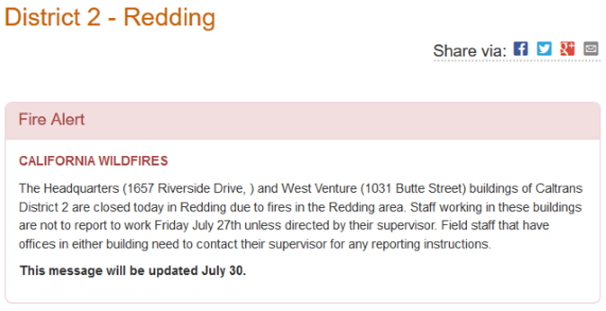 Fire Alert on Caltrans District 2 - Redding's website (Source: Caltrans District 2 Home Page – http://www.dot.ca.gov/d2/