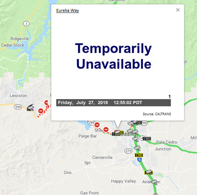 OSS Screenshot, 2018-07-27: Caltrans D2 Eureka Way CCTV Image Outage.