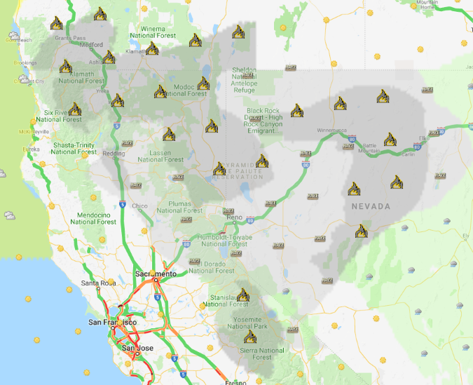 OSS Screenshot, 2018-07-27: Smoke and Haze Forecast across Northern California, Nevada and Southern Oregon – 3PM PDT, 7/27/2018.