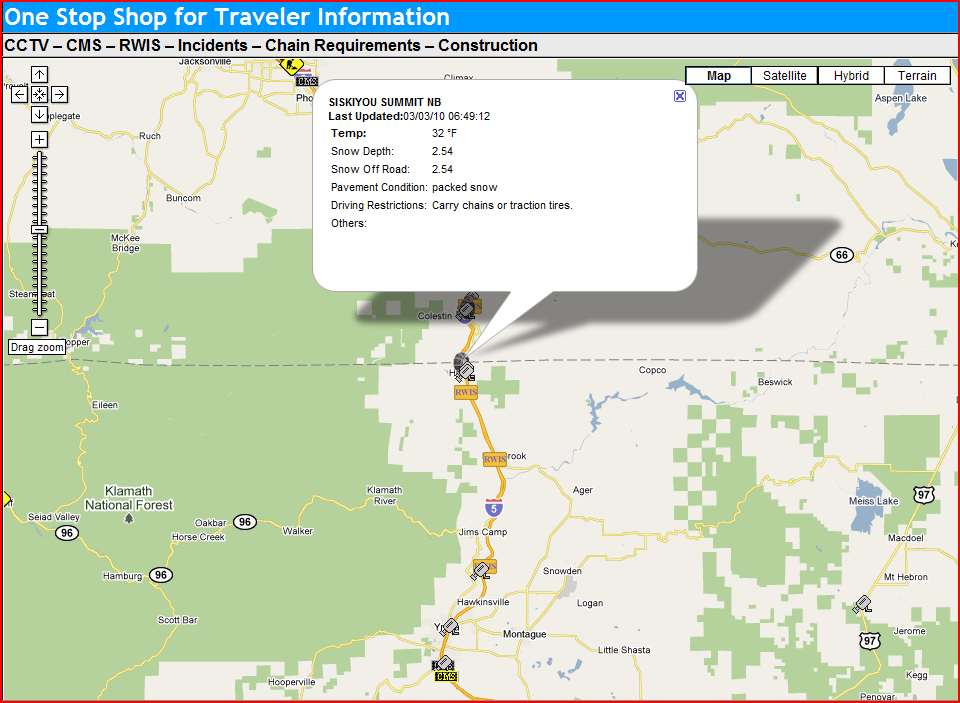 OSS Screenshot (3/3/2010): Clicking a 'Chain Control' icon brings up road information and any advisories for roadway conditions in that area.