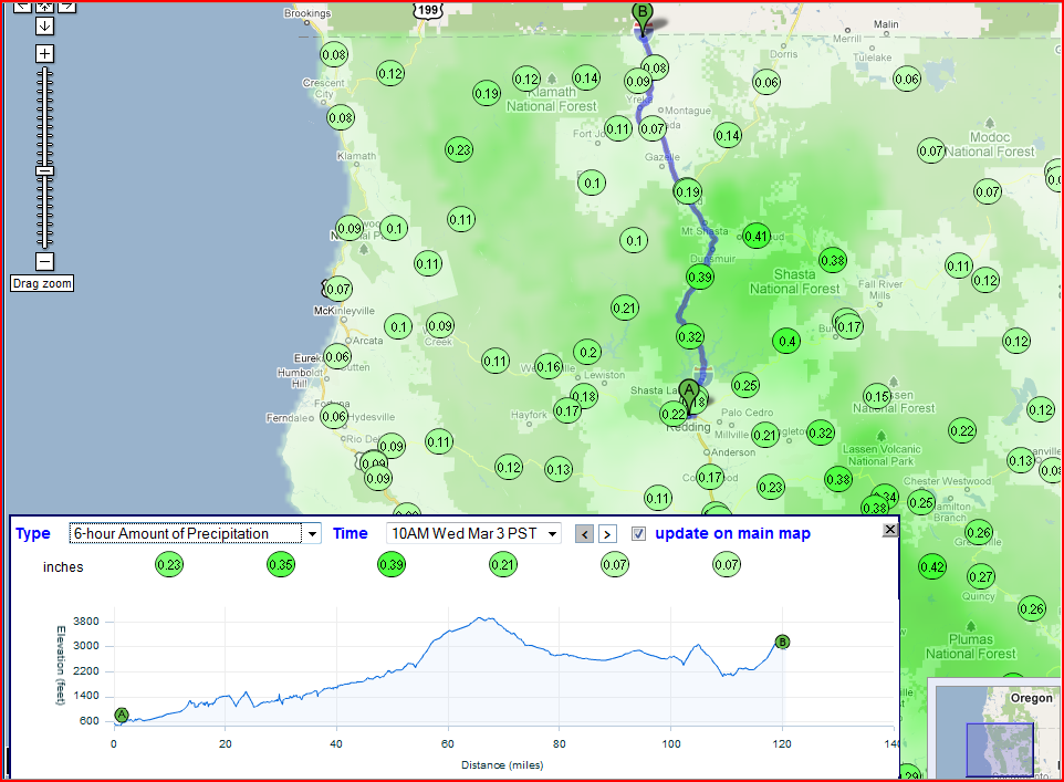 OSS Screenshot: A precipitation layer is provided for the trip planner and covers a 6 hour forecast.