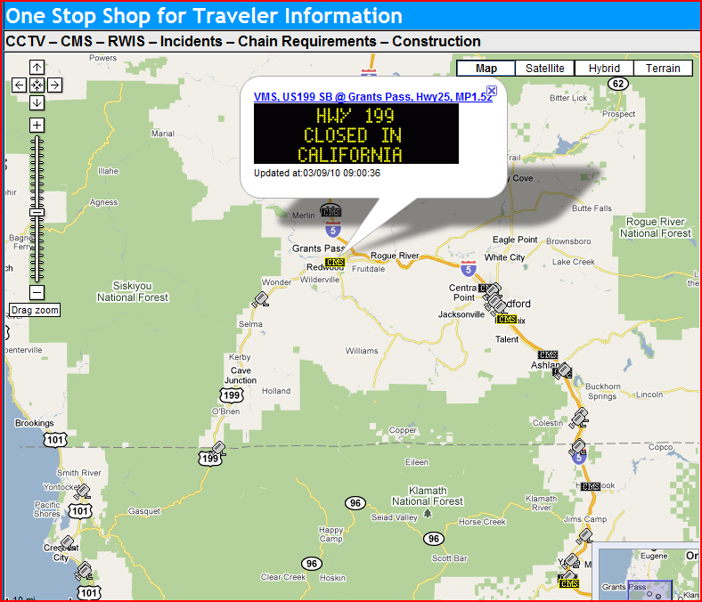 OSS Screenshot (3/9/2010): CMS icon showing a closure on HWY 199 in California near Grants Pass.