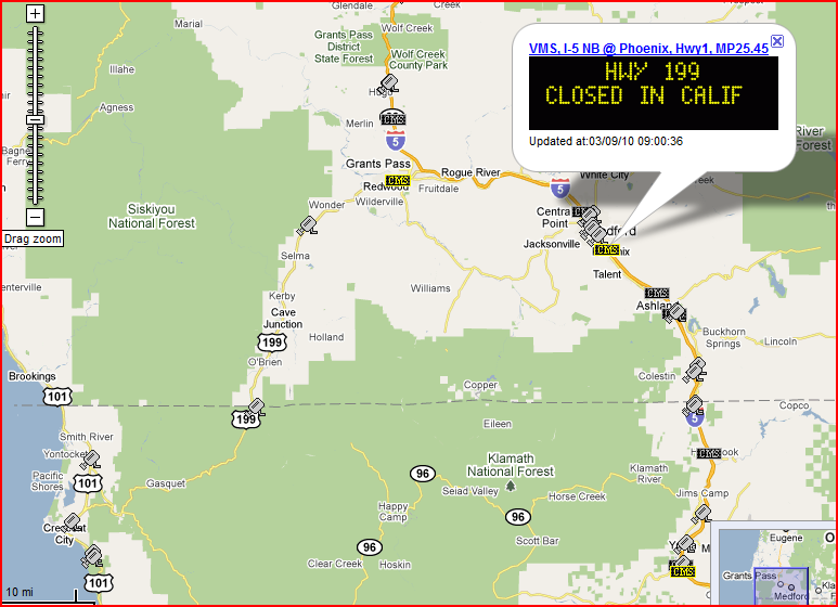 OSS Screenshot (3/9/2010): Another CMS along I-5, well before the HWY 199 closure, warning of the closure on HWY 199.