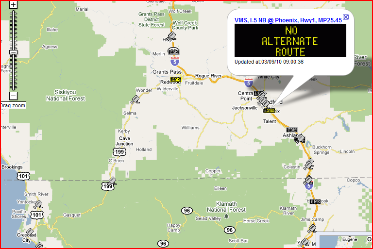 OSS Screenshot (3/9/2010): The CMS on I-5 is also showing a multipart message. The second part shows that there is no alternate route.