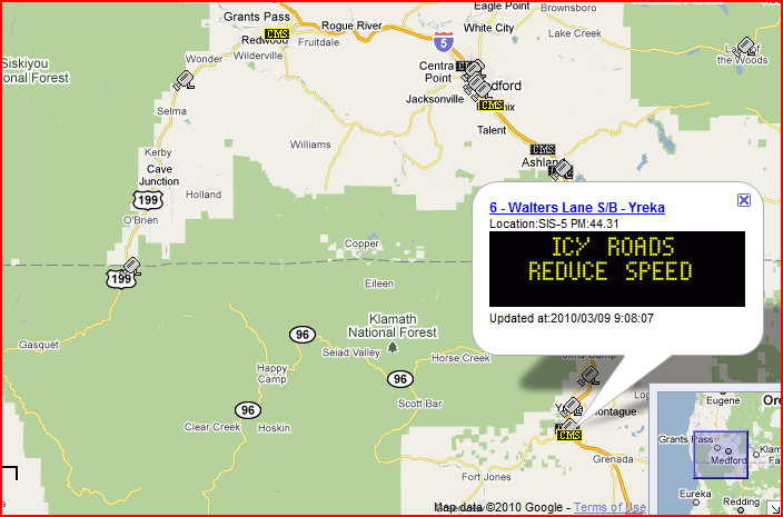 OSS Screenshot (3/9/2010): A CMS near Yreka, CA warns of icy roads and advises drivers to reduce their speed.