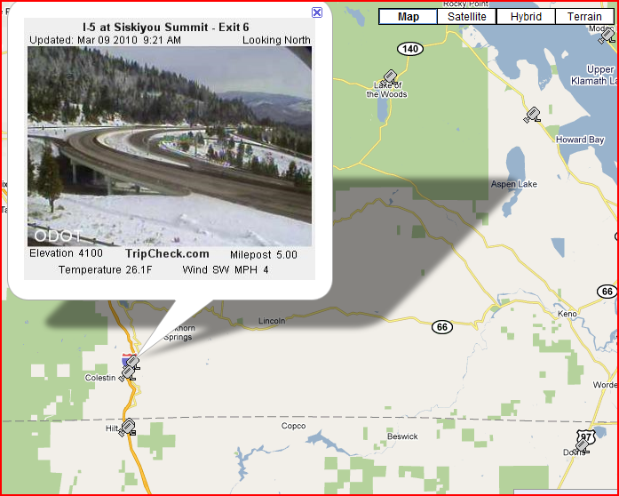 OSS Screenshot (3/9/2010): A corner along I-5 on the Oregon side of Siskiyou Pass near Colestin shows winter driving conditions.