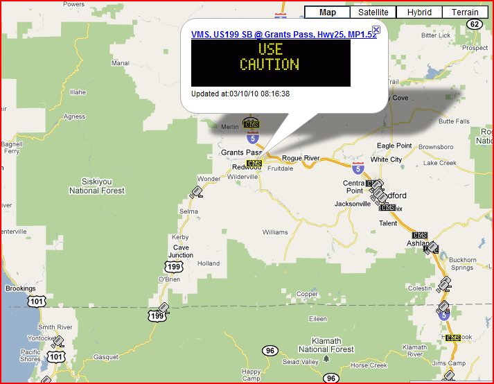 OSS Screenshot (3/10/10): A second part to the CMS near Grants Pass, OR telling drivers to use caution.