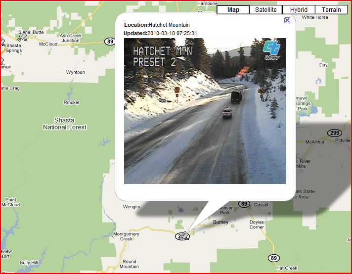 OSS Screenshot (3/10/10): A CCTV camera in Caltrans District 2 shows extremely icy road conditions.