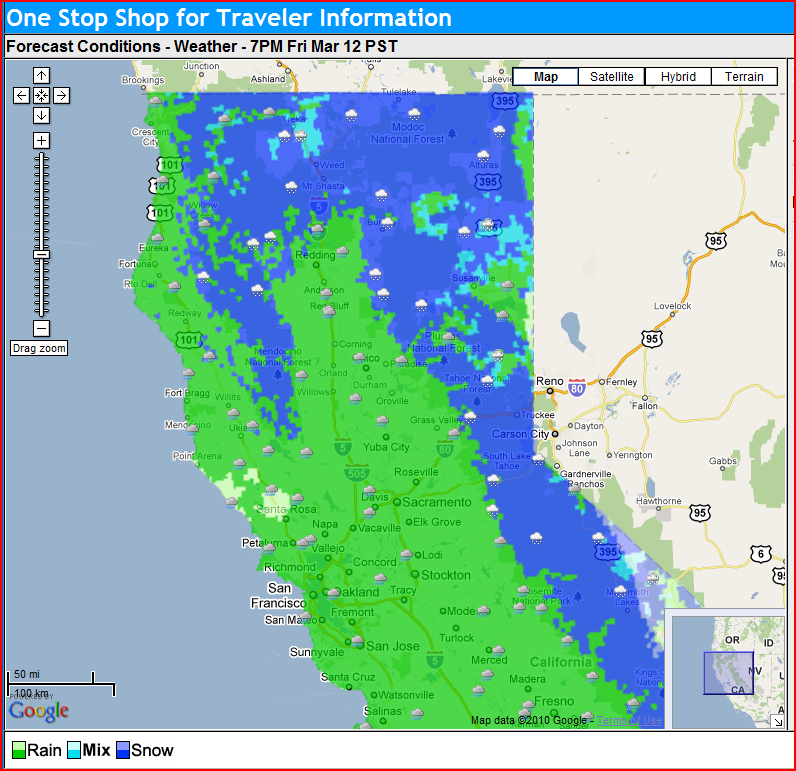 OSS Screenshot (3/12/2010): The forecast is predicting overnight snow for much of the Northern California region. This is for 7 PM (12 hours later).