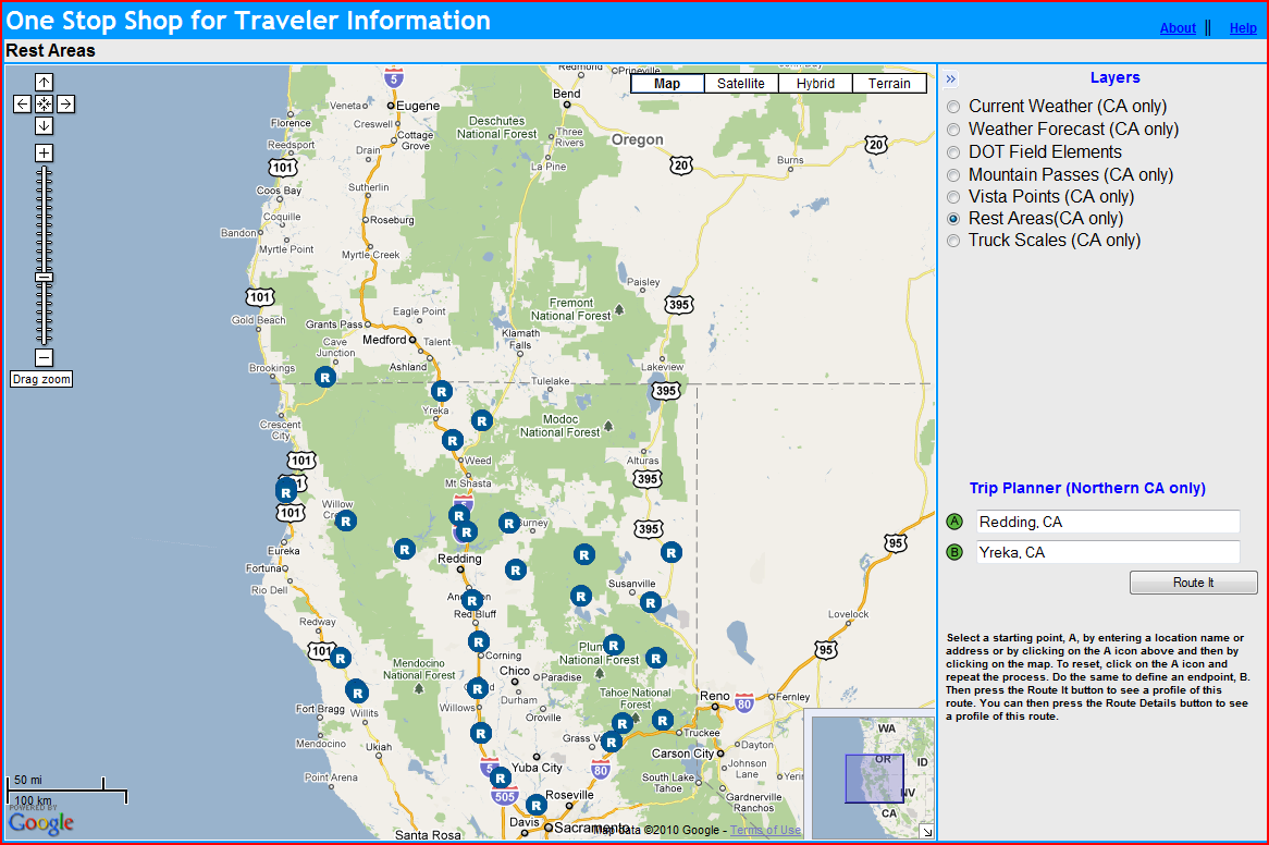 OSS Screenshot: The Rest Areas layer of OSS shows rest stops across California. Each rest area is designated with an 'R' on the map.