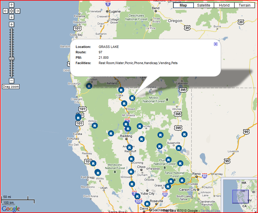 OSS Screenshot: Information can be obtained about each individual rest stop.  A rest area near Weed, CA is shown. It contains information about the various facilities the rest area has.