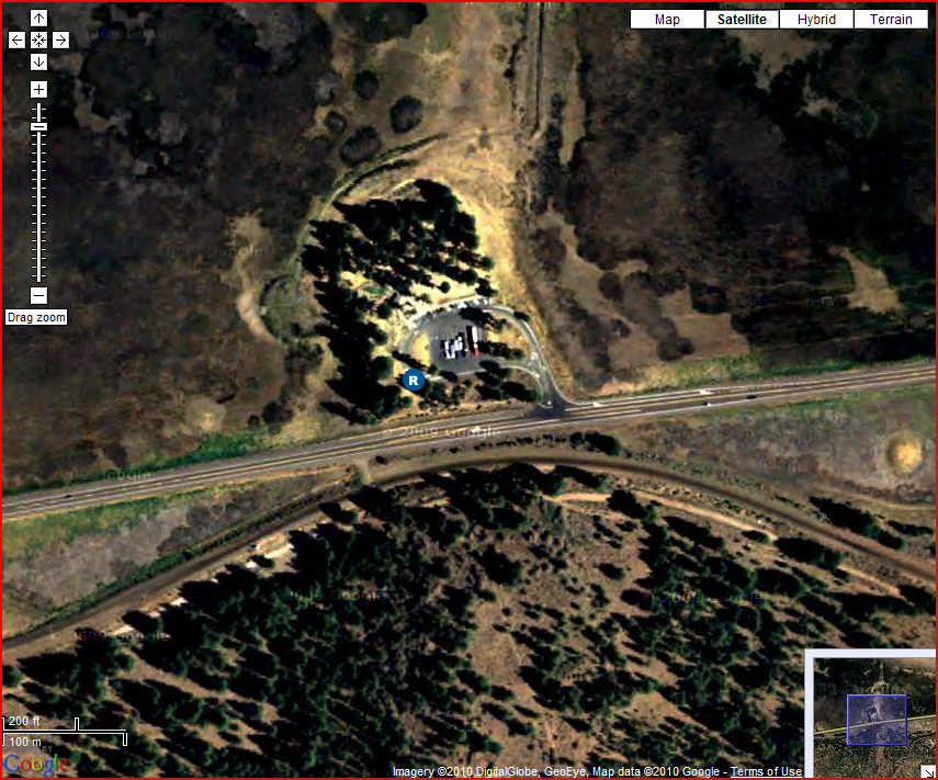 OSS Screenshot: If satellite view is selected, the user can see what the surrounding landscape of a rest stop looks like, along with how to access the rest stop.
