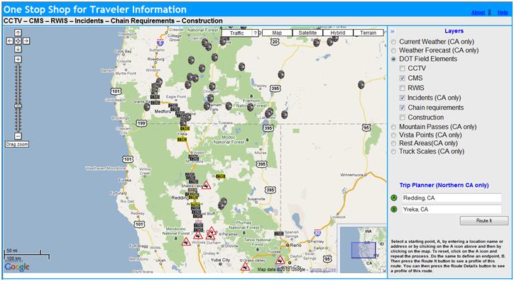 OSS Screenshot (1/7/2011): Showing CMS locations, incidents in California, and chain requirements.