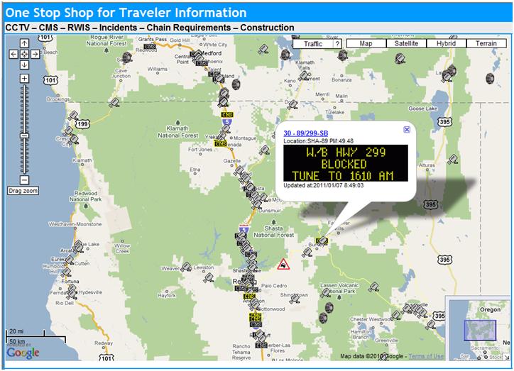 OSS Screenshot (1/7/2011): A CMS notice near Burney, CA letting drivers know that the Westbound lane of SR-299 is blocked due to the accident.