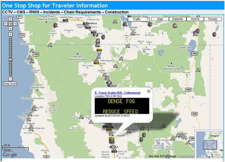 OSS Screenshot (1/7/2011): A CMS along I-5 warns travelers of dense fog near Cottonwood, CA.