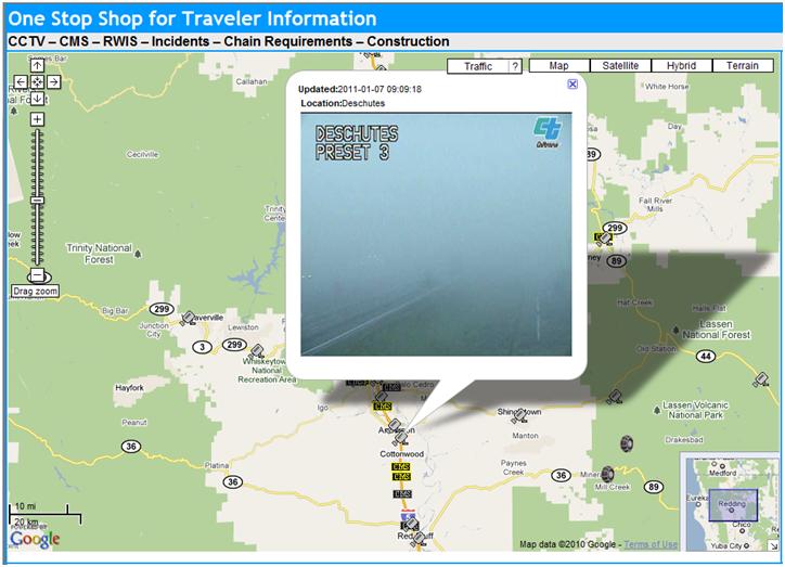 OSS Screenshot (1/7/2011): A CCTV camera along I-5 shows heavy fog and confirms what the nearby CMS stated.