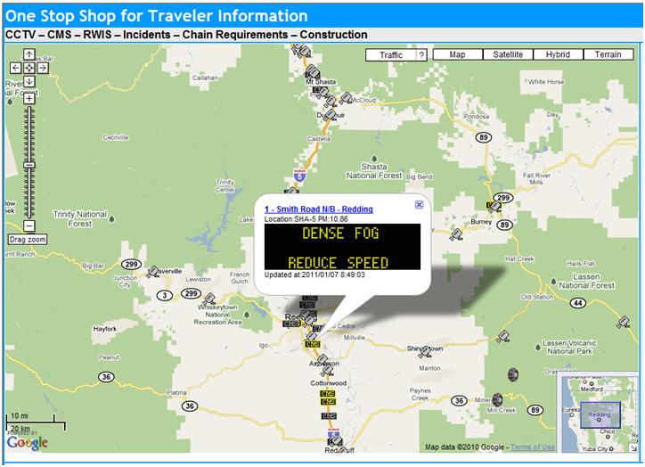 OSS Screenshot (1/7/2011): The CMS along I-5 directly south of Redding also warns of dense fog and recommends drivers reduce their speeds.