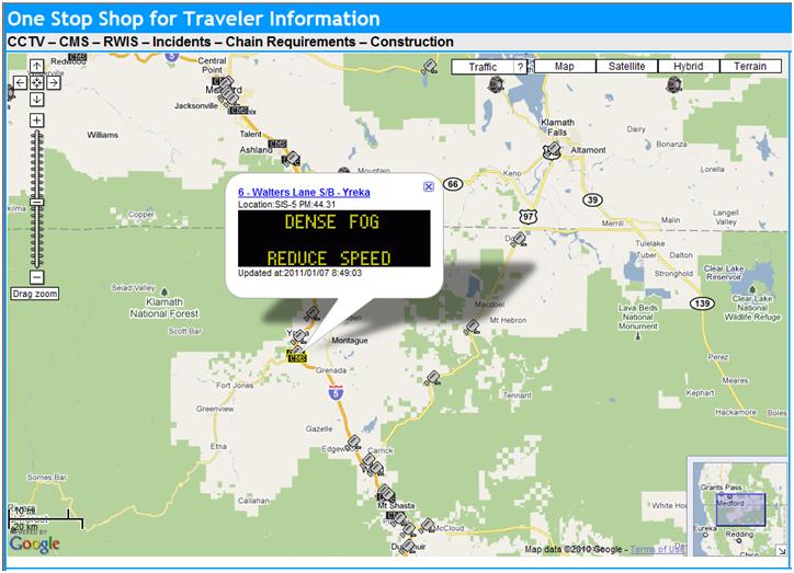 OSS Screenshot (1/7/2011): A CMS urging drivers to reduce speeds due to dense fog near Yreka, CA.