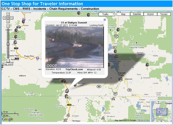 OSS Screenshot (1/7/2011): A CCTV camera at Siskiyou Summit in Oregon shows clear roads.
